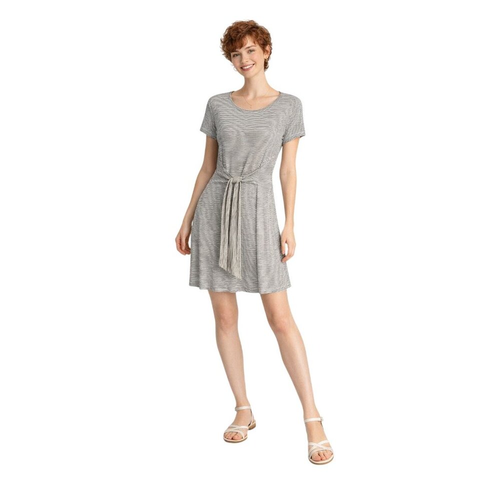 BB Dakota Medium Striped Gray & White Tie-Front Short Sleeve Dress